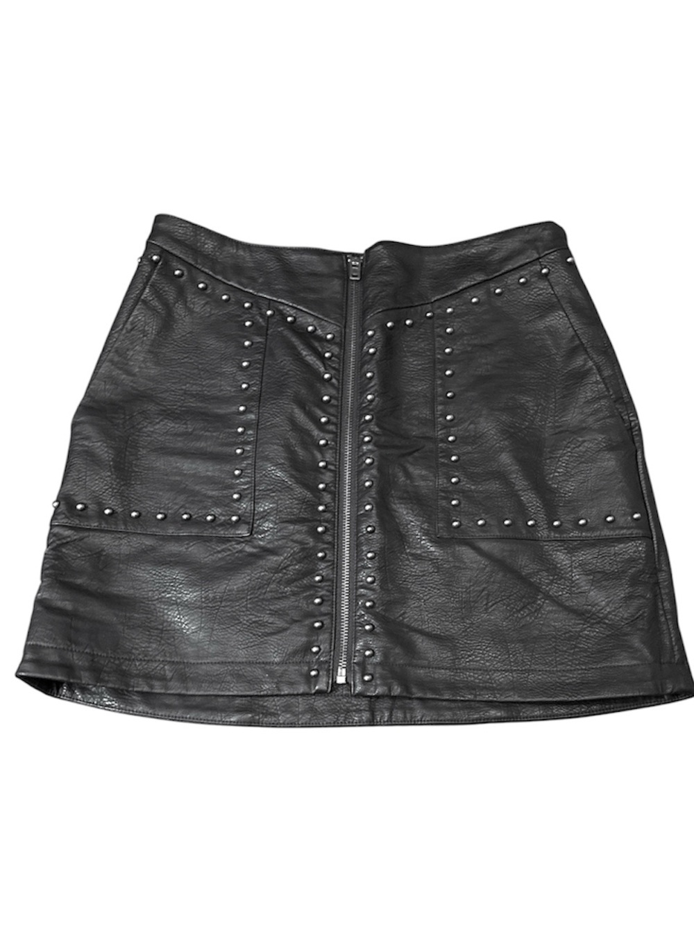 Greylin Black Leather Chrome Studded Front Zipper Closure Mini Skirt sm